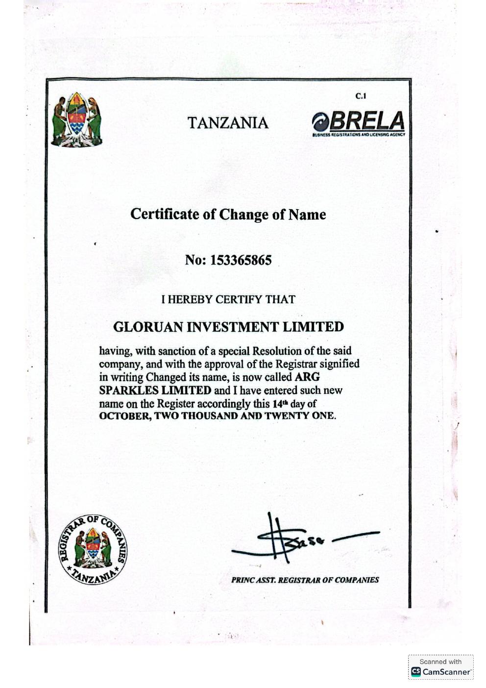 BRELA — Certificate of Change of Name